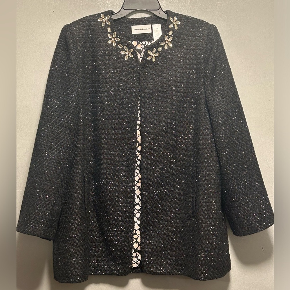 Alfred Dunner Black Over Coat w/Matelic Threading  , Size 16